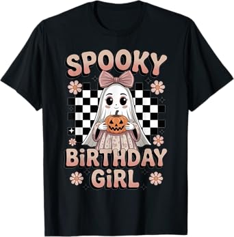 Halloween Birthday Girl Ghost Bow Pumpkin Checkered Spooky T-Shirt