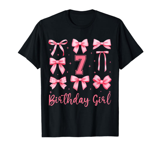 7th Birthday Girl Coquette Pink Bows 7 Years Old Birthday T-Shirt