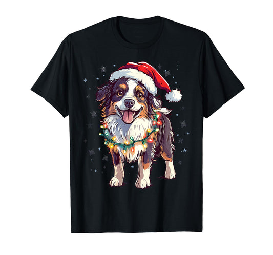Australian Shepherd Santa Christmas Tree Lights Xmas Aussie T-Shirt