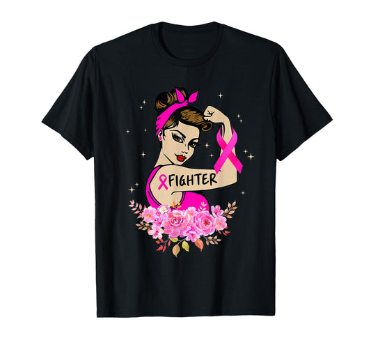 Breast Cancer Fighter Rosie Riveter Pink Ribbon Women Girls T-Shirt