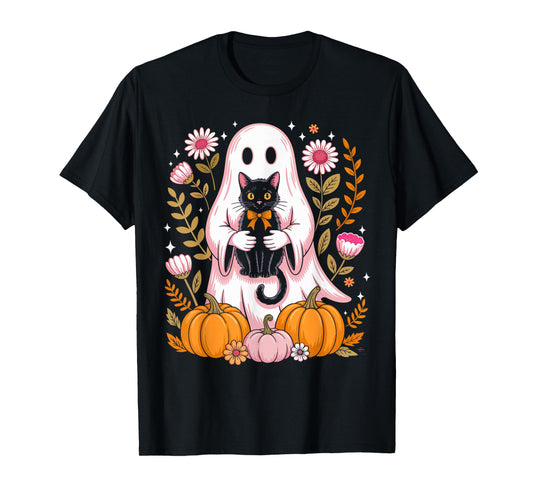 Cute Halloween Ghost Holding Black Cat Vintage Groovy Floral T-Shirt