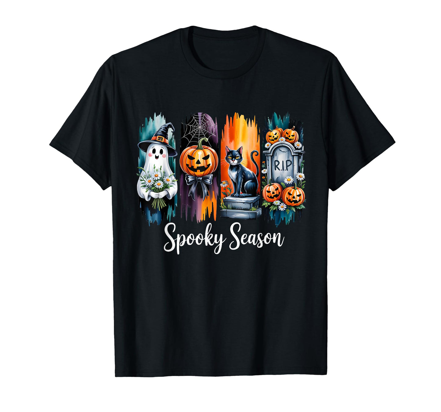 Retro Halloween Floral Ghost Pumpkin Black Cat Spooky Season T-Shirt