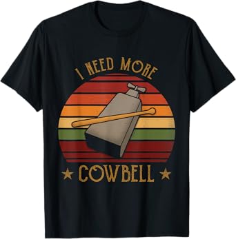 Volimty Shop More Cowbell Funny Cowbell Vintage Retro Unisex-Adults Kids Teens T-Shirt Black Short Sleeve Straight Fit Crew Neck Polyester Cotton Blend T-Shirt