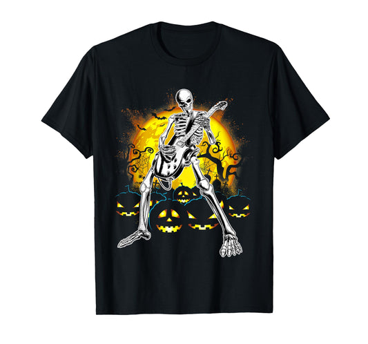 Happy Halloween Funny Skeleton Playing Guitar Pumpkin Vibes T-Shirt