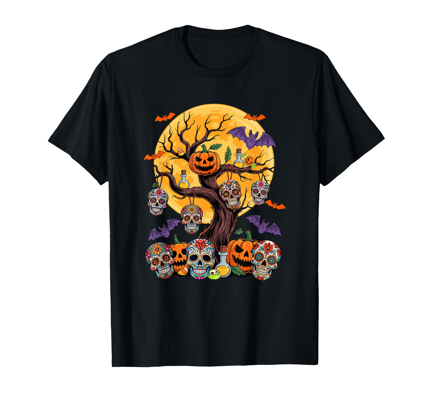 Group Floral Skulls Carved Pumpkin On Tree Halloween Bats T-Shirt