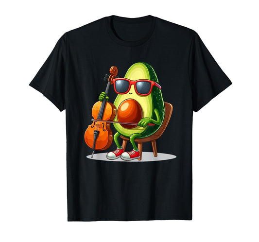 Avocado Sunglasses Playing Cello Musical Instrument Vegan T-Shirt