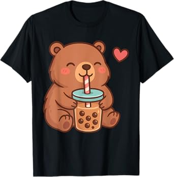Cute Bear Kawaii Anime Drinking Bubble Tea Lover Girls T-Shirt