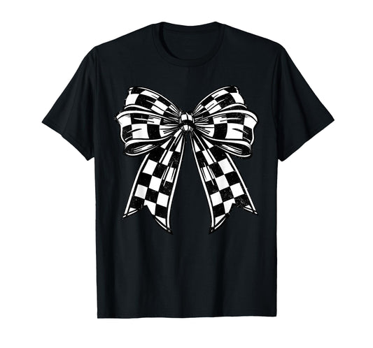 Retro Coquette Bow Checkered Flag Race Day Racing Aesthetic T-Shirt