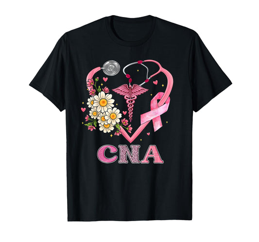 CNA Heart Pink Ribbon Stethoscope Breast Cancer Awareness T-Shirt
