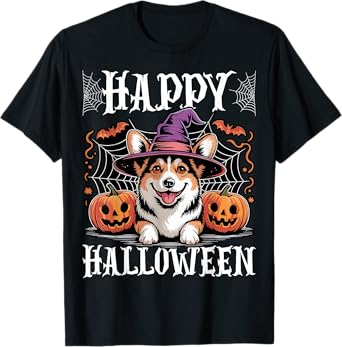 Cute Corgi Dog Pumpkin Witch Hat spooky Happy Halloween T-Shirt