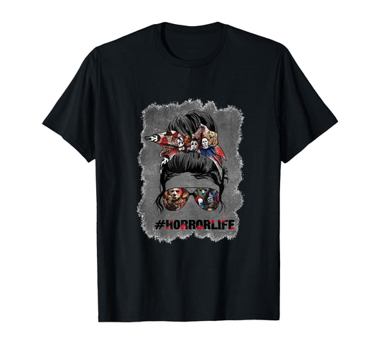 Messy Bun Horror Life Mom Halloween T-Shirt