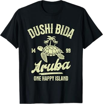 One Happy Island Aruba Cool Palm Turtle Dushi Bida Vintage T-Shirt