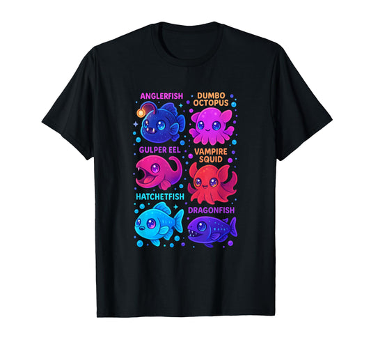 Chibi Deep Sea Creatures Grid Cute Anglerfish and Dumbo T-Shirt
