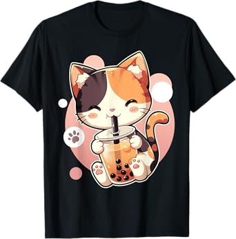 Cute Cat Drinking Boba Tea Bubble Tea Anime Kawaii Neko T-Shirt for Men Women Kids