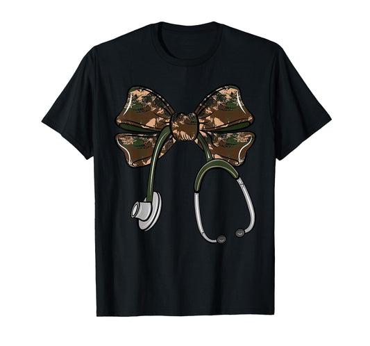 Cute Camo Nurse Coquette Bow Stethoscope Registered Nurse T-Shirt