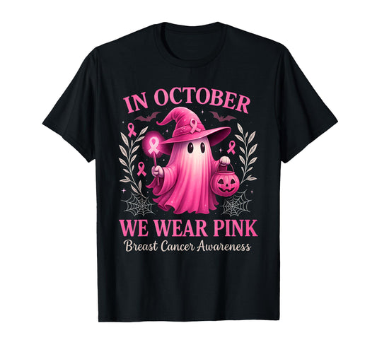 in October We Wear Pink Breast Cancer Awareness Halloween T-Shirt