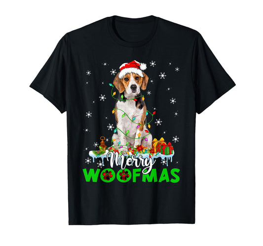 Beagle Dog Merry Woofmas Funny Xmas Lights Santa Hat T-Shirt