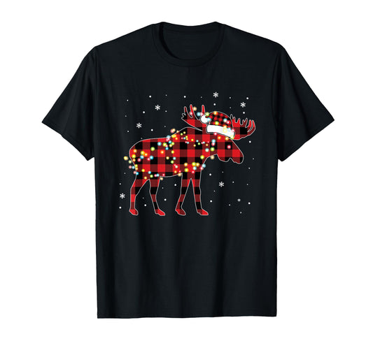 Moose Christmas Red Plaid Buffalo Pajama Matching T-Shirt