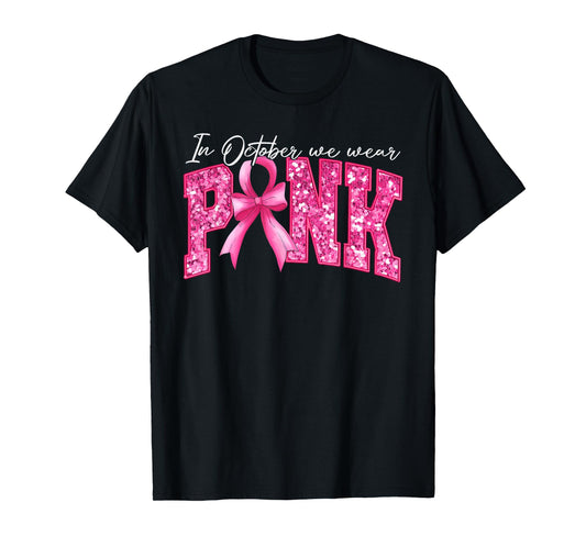 Pink Ribbon Coquette Bow Breast Cancer Awareness Women Girls T-Shirt