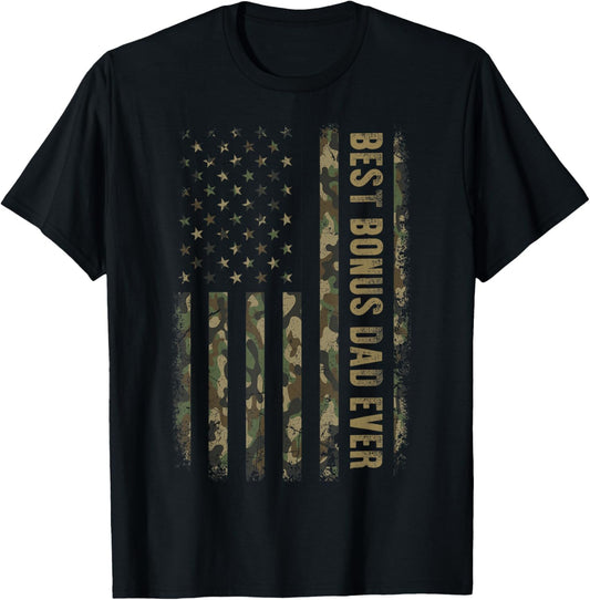 Best Bonus Dad Ever Camouflage American Flag Father's Day T-Shirt