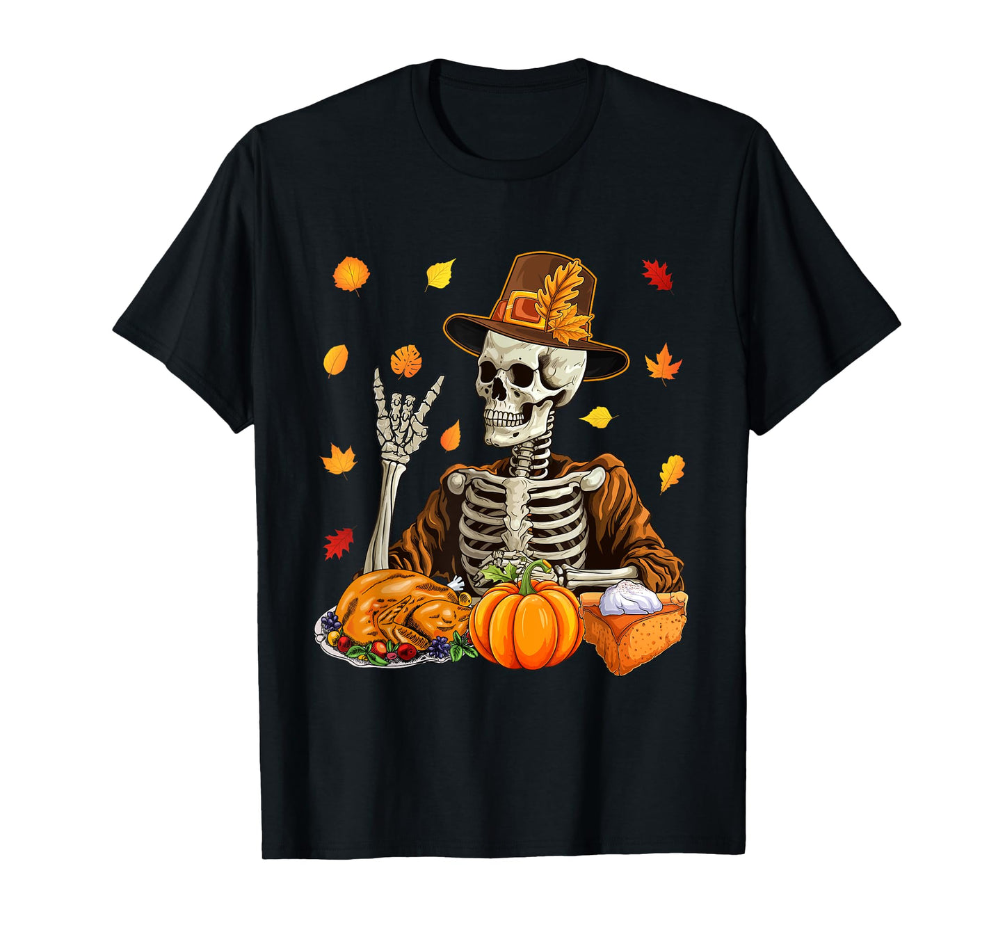 Thanksgiving X-ray Skeleton Funny Rock Hand Fall Leaves T-Shirt