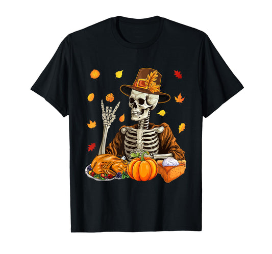 Thanksgiving X-ray Skeleton Funny Rock Hand Fall Leaves T-Shirt