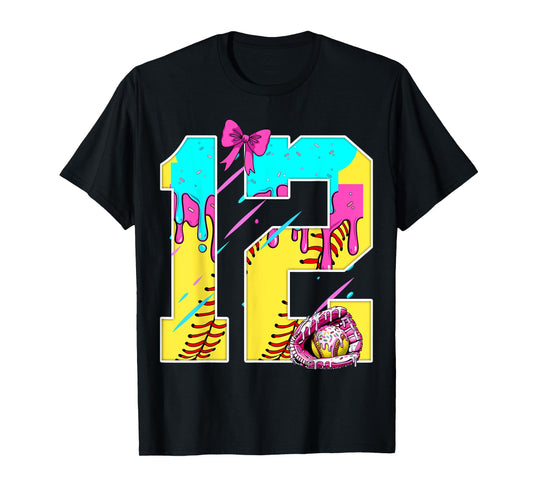 12th Birthday Softball Ice Cream Drip Bow 12 Years Kids Gift T-Shirt