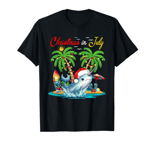 Christmas In July Hawaiian Santa Narwhal Costume Beach Lover T-Shirt