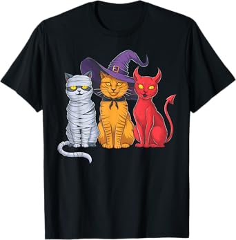 Funny Halloween Cat Trio Costume Witch Mummy Devil Cats T-Shirt