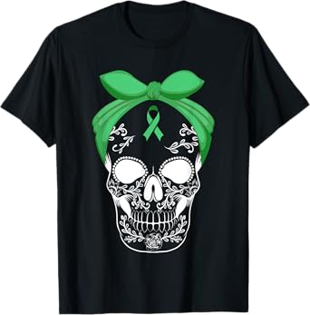 Sugar Skull Green Ribbon Apparel Skeleton Liver Cancer Fight T-Shirt