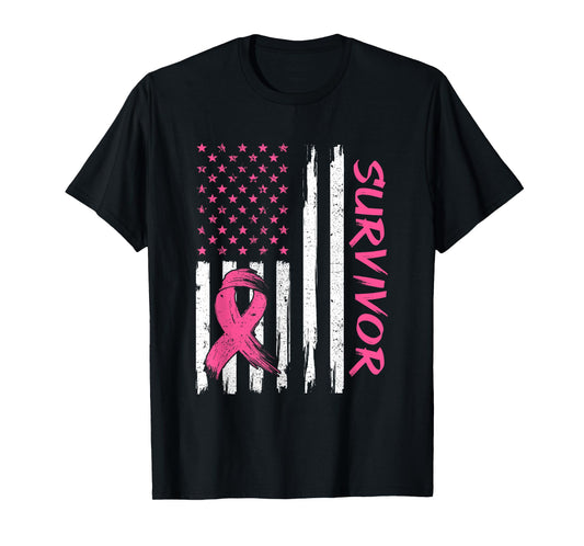 Breast Cancer Survivor American Flag Breast Cancer Awareness T-Shirt