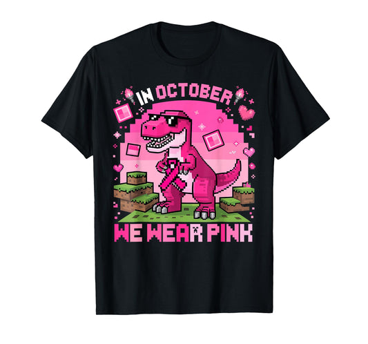 in October We Wear Pink Dinosaur Breast Cancer Awareness T-Shirt