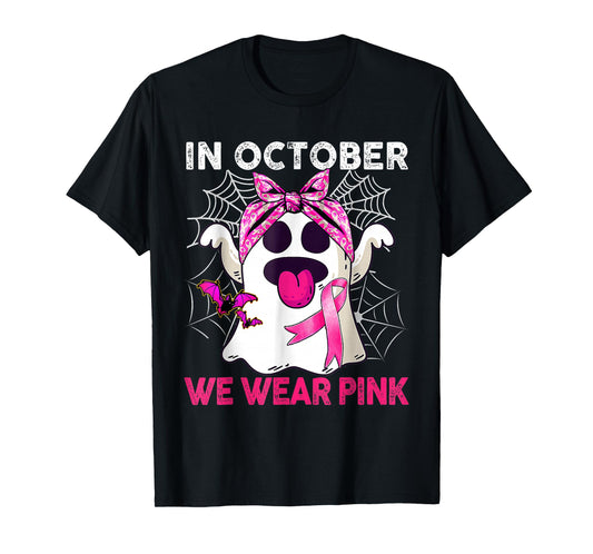 Boo Ghost in October We Wear Pink Breast Cancer Awareness T-Shirt
