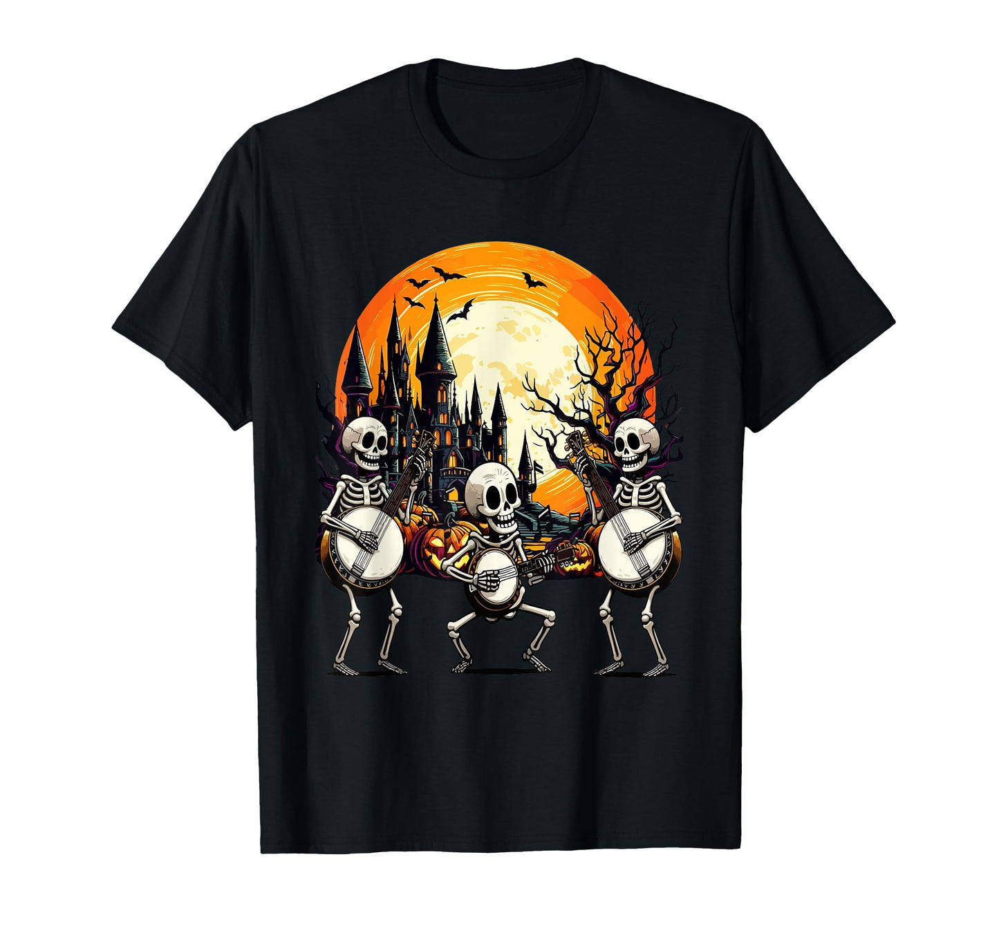Three Funny Skeletons Playing Banjo Halloween Instrument T-Shirt