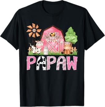 Papaw Pink Farm Cow Kids Birthday Matching Family T-Shirt