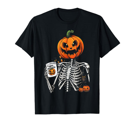 Coffee Drinking Skeleton Pumpkin Halloween Costume Women Men T-Shirt