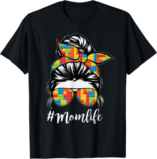 Building Block Messy Bun Mom Life Master Builder Mothers Day T-Shirt