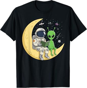 Astronaut Reading Book To Alien Moon Space Women Kids Men T-Shirt