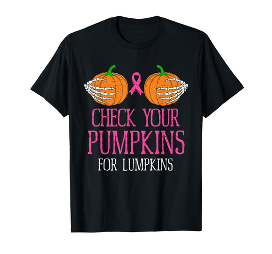Check Your Pumpkins Breast Cancer Awareness Halloween Womens T-Shirt