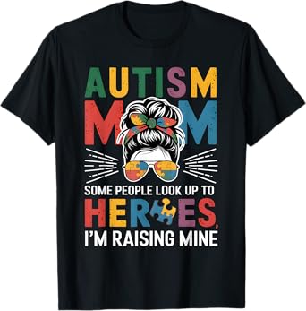 Autism Mom Raising Hero Groovy Messy Bun Autism Awareness T-Shirt
