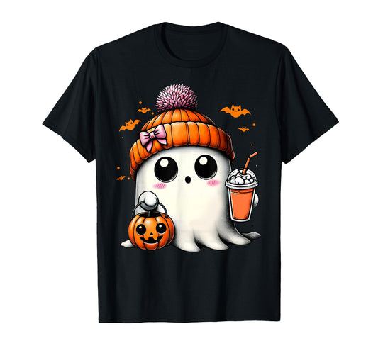 Cute Ghost Drinking Coffee Halloween Ghost Ice Coffee Womens T-Shirt