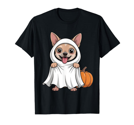 Chihuahua Dog Wearing A White Ghost Costume Dog Halloween T-Shirt