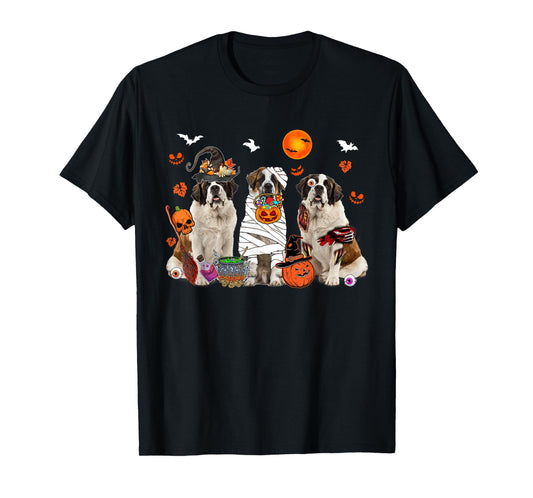 Three St. Bernard Dogs Witch Scary Mummy Halloween Zombie T-Shirt