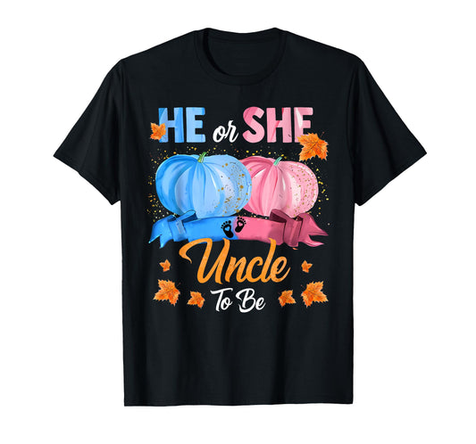 Halloween Pumpkin Gender Reveal He or She Uncle To Be T-Shirt