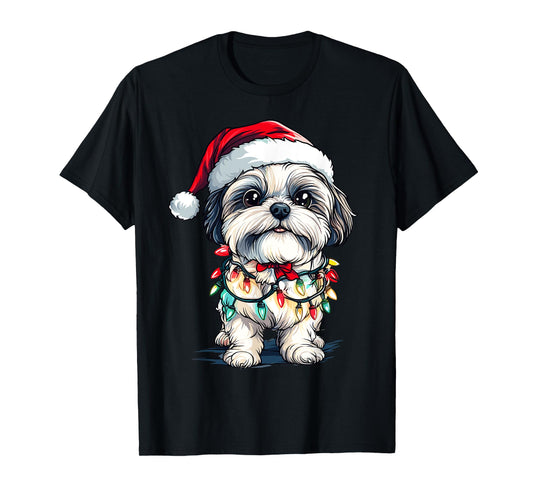 Shih Tzu Santa Christmas Tree Lights Xmas Dog Lover Pajama T-Shirt for Men Women Kids