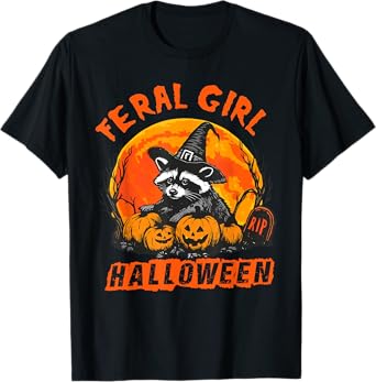 Feral Girl Halloween Raccoon Witch Pumpkin Raccoon Lover T-Shirt