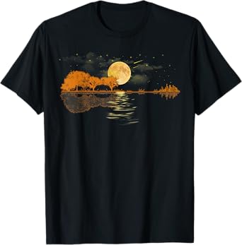 Guitar Moonlight Nature Lake Shadow, Musician Black Unisex-Adults T-Shirt