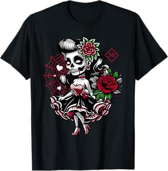 Kawaii Rockabilly Skeleton Pin Up Horror Rebel T-Shirt