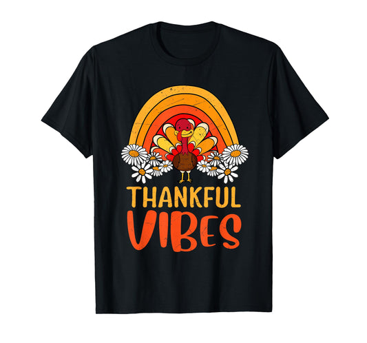 Thankful Vibes Turkey Retro Groovy Thanksgiving Rainbow T-Shirt