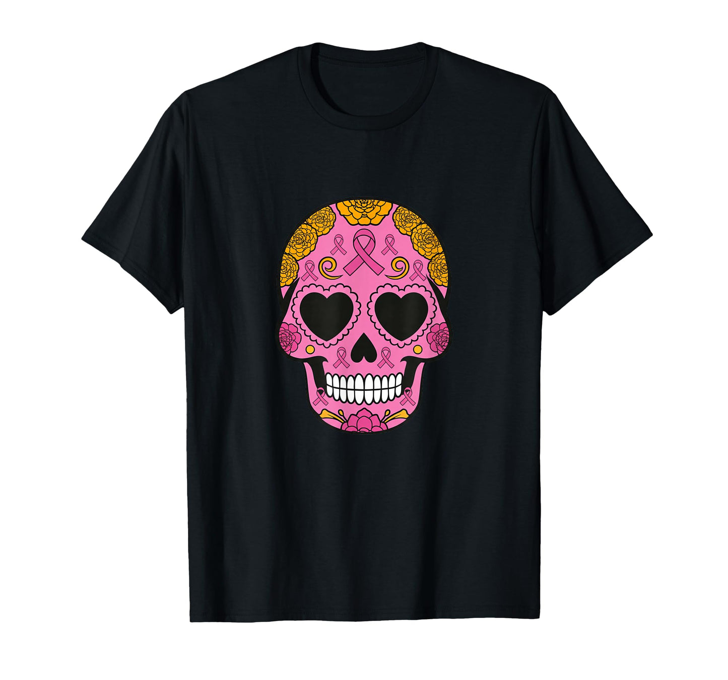 Sugar Skull Breast Cancer Awareness Pink Ribbon Calavera T-Shirt